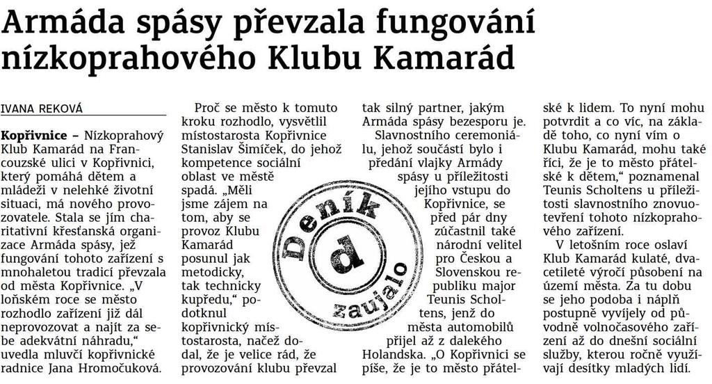 Frýdecko-místecký a třinecký deník Armáda spásy převzala fungování nízkoprahového Klubu Kamarád 31.