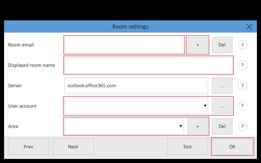 Průvodce nastavením Microsoft Office 365 Konfigurace panelů touchone Na následující obrazovce Room settings ( Nastavení místnosti ) si můžete přidat e-mail účtu další místnosti (tlačítko + ) nebo si