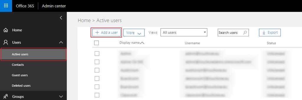 Průvodce nastavením Microsoft Office 365 Nastavení účtů v Microsoft Office 365 3. V postranním menu zvolte Users / Active users a klikněte na + Add a user. 4.