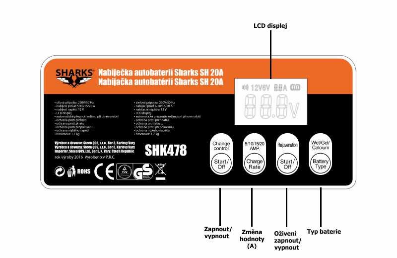 TECHNICKÉ ŠPECIFIKÁCIE sieťová prípojka: 230V/50 Hz nabíjací prúd: 5/10/15/20 A nabíjacie napätie: 12 V prevádzkové prostredie: -5~40 prevádzková okolitá vlhkosť: 20%~90% RH prevádzková teplota: -20