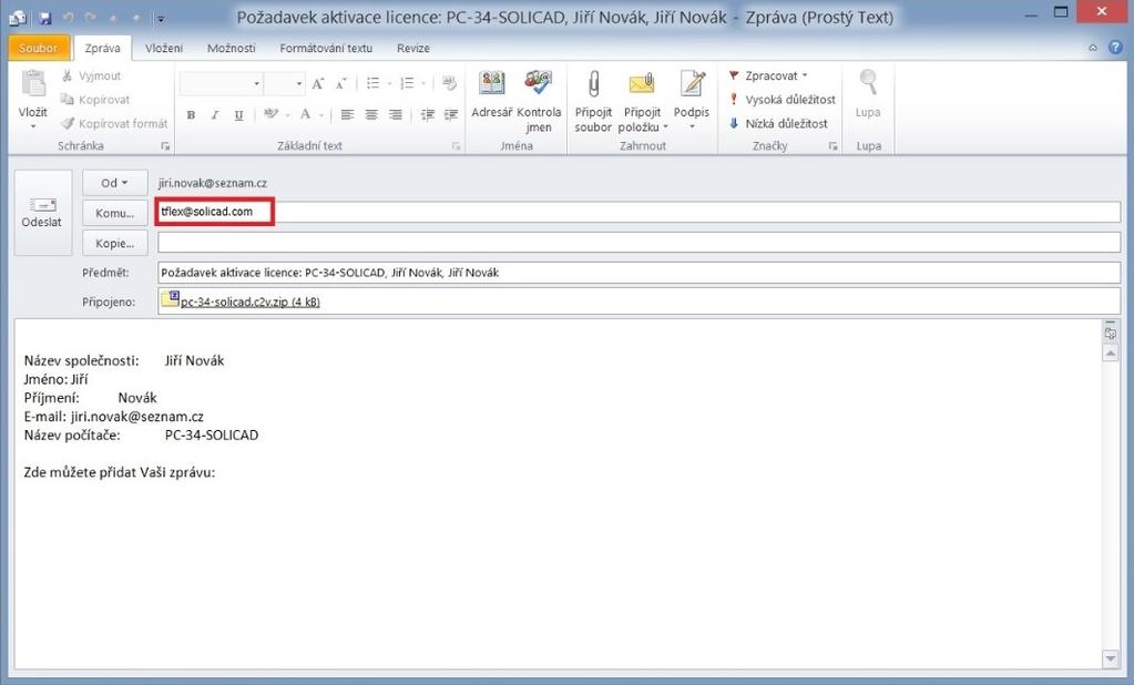 4. Pokud máte nainstalovaného e-mailového klienta (Outlook, Thunderbird, ), tak se Vám otevře e-mailová zpráva, kterou zašlete na tflex@solicad.com. 5.