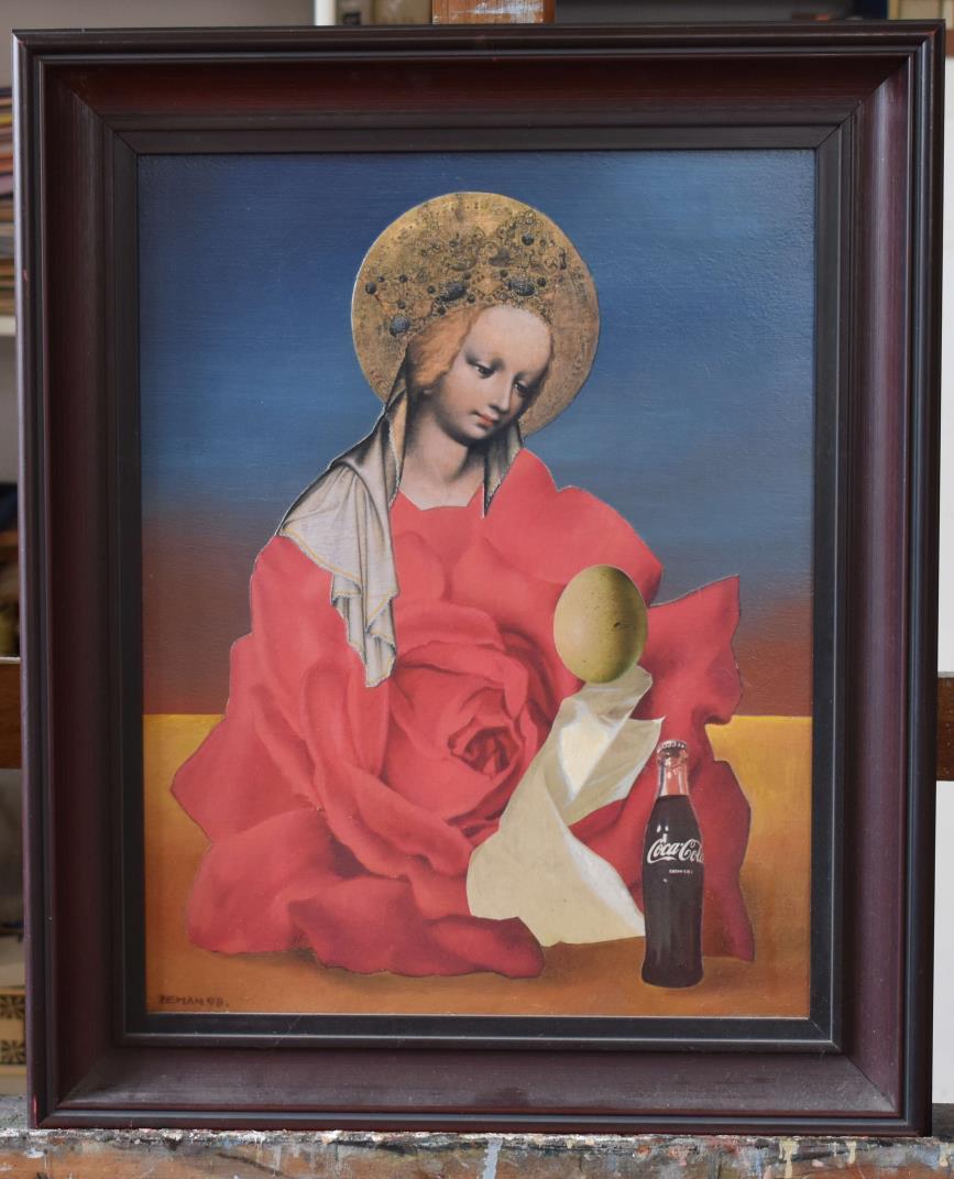 6) Madona XX. století, koláž a olej, 45 x 35 cm, sololit, 1998 Obraz s názvem Madona XX.