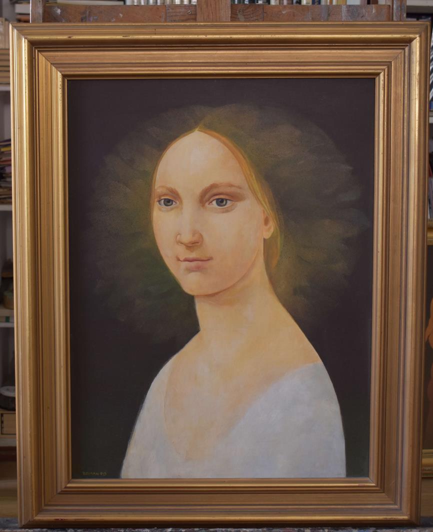 4) Portrét, olej, sololit, 67 x 50 cm, 1990 Obraz s názvem Portrét - 1 ks Rozměry: rozměry malby - 67 x 50 cm Materiál: malba sololit, rám dřevo