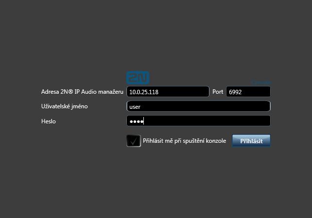 Připojení a nastavení Po spuštění programu 2N IP Audio Console se objeví obrazovka pro přihlášení k systému.
