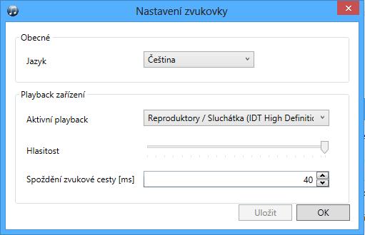 Nastavení V 2N IP Audio Virtual Sound Card se umožňuje nastavení jazyka, volbu výstupu, který aplikace zkopíruje do 2N Net Audio Decoderů a 2N Net Speakerů, hlasitost a zpoždění.