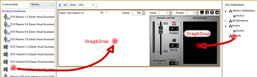 zónu, bude se zvuk vysílat do všech Net Audio Decoderů nebo Net Speakerů, které jsou obsaženy v této zóně. Přiřazovat Net Audio Decodery nebo Net Speakery do zón je možné v menu Destinace & Zóny.