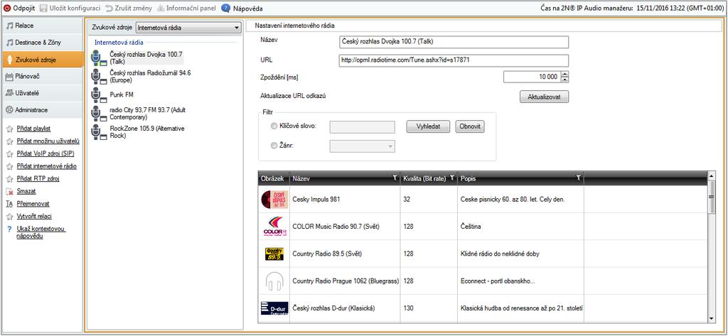 Internetové rádio Zdroj Internetové rádio umožňuje vložit URL daného rádia nebo zvolit rádio se seznamu rádií.