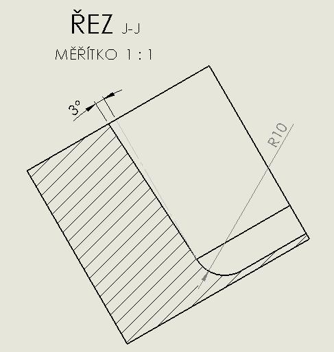 33 Obr. 3.8 Řez J-J z Obr. 3.7 Na Obr. 3.8 lze vidět detail zkosení postranních stěn formy a zaoblení spodní hrany.