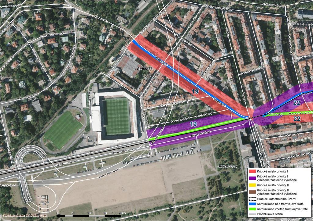 19 Bubeneč, Holešovice Milady Horákové, Korunovační V ulicích Milady Horákové (úsek od křižovatky s ulicí U Sparty po křižovatku s ulicí Korunovační) a Korunovační (úsek křižovatka s ulicí Nad
