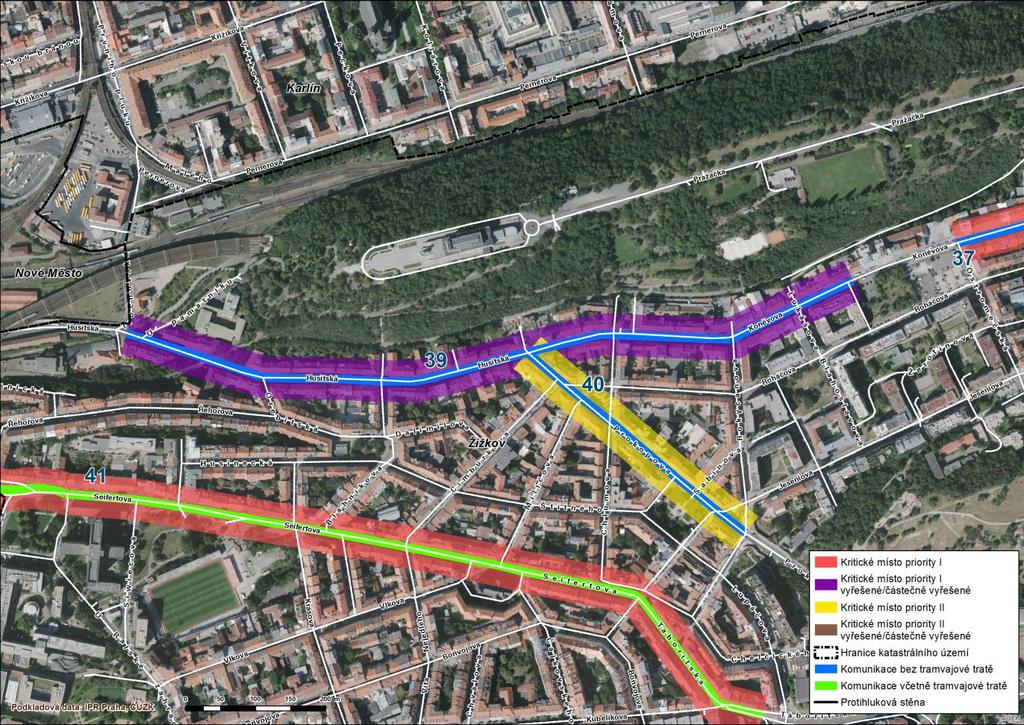 39 Žižkov Koněvova, Husitská V ulicích Koněvova a Husitská, v úseku mezi křižovatkou s ulicí Lukášova a křižovatkou s ulicí Trocnovská, byla lokalizována kritická místa.