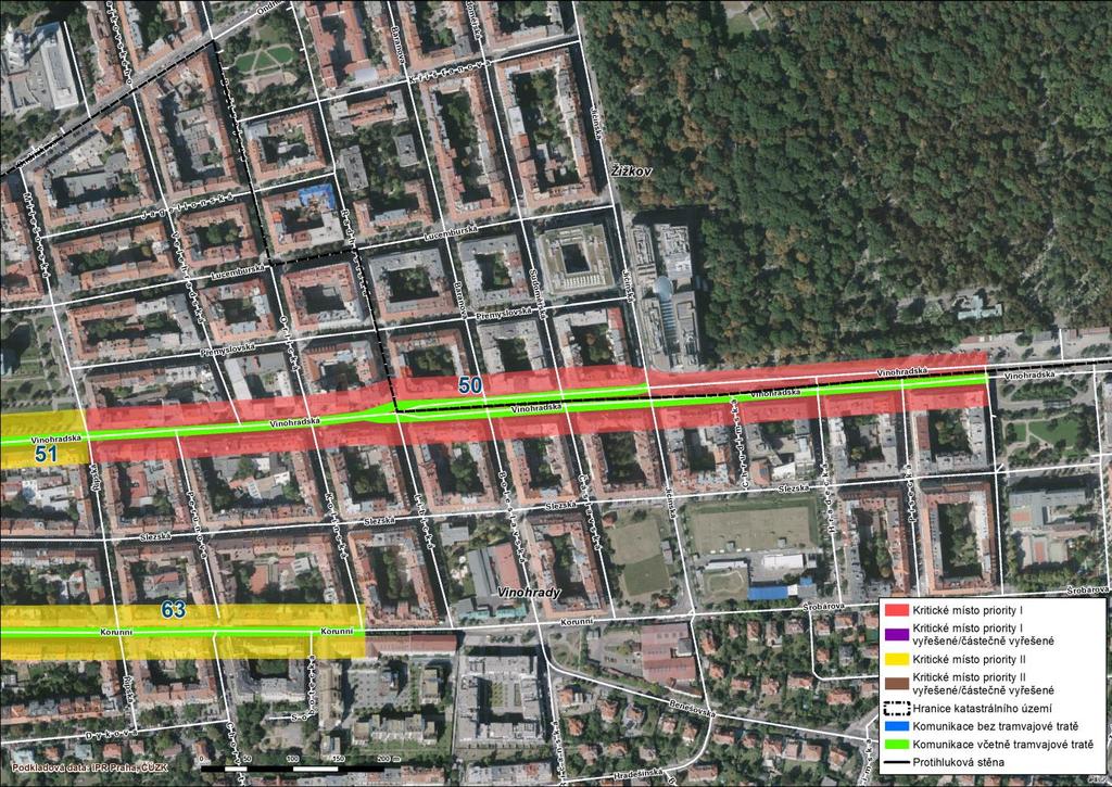 50 Žižkov, Vinohrady Vinohradská V ulici Vinohradská bylo lokalizováno kritické místo v úseku mezi křižovatkou s komunikací Řípská a náměstím Jiřího z Lobkovic.