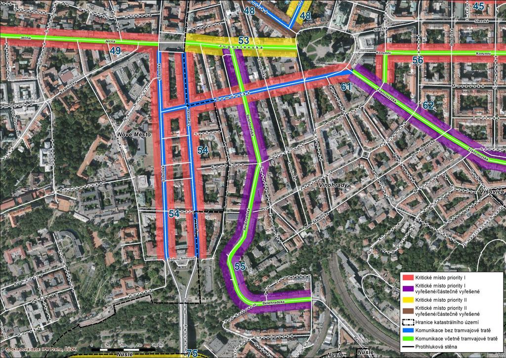 55 Vinohrady Bělehradská V ulici Bělehradská bylo lokalizováno kritické místo v úseku mezi křižovatkami s komunikacemi Jugoslávská, Fričova a Pod Nuselskými schody.