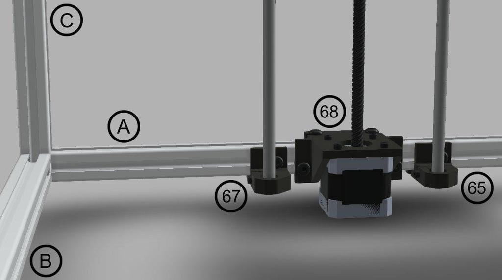 Přimontování držáku Z motorů a gumových nožek Potřebné díly: 1 x 1_Z_Rail_Arm_Bottom_Left (67) 1 x 1_Z_Rail_Arm_Bottom_Right (65) 2 x 2_Z_Motor_Mount (68) 12 x Šroub M5 x 10 inbus půlkulatá hlava (1)