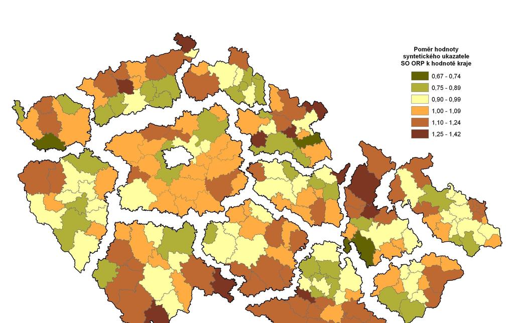 2.2.2 SOCIÁLNÍ PROSTŘEDÍ Ktg. 2.2.2 Postavení správních obvodů ORP v letech 2001 2005: Sociální prostředí (z pohledu jednotlivých krajů) Na rozdíl od hodnocení vnitroregionálních rozdílů v