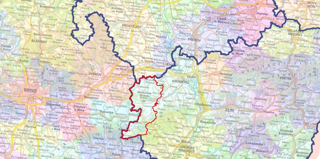 1. Popis území a širší vztahy Specifická oblast Morkovsko-Koryčansko se nachází v západní části Zlínského kraje ve správním obvodu ORP Kroměříž, hraničí s Olomouckým a Jihomoravským krajem a zahrnuje
