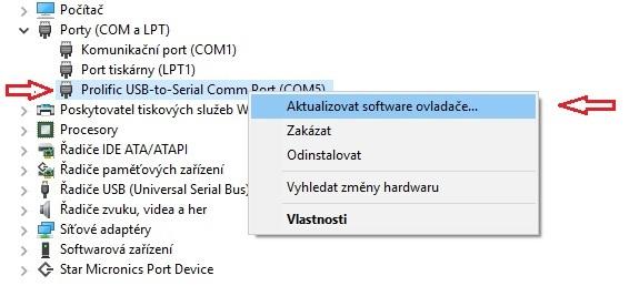 Zákaznický display 5/ Pokud by se Vám u Prolific USB-to-serial Comm Port (COMx) zobrazoval trojúhelník s