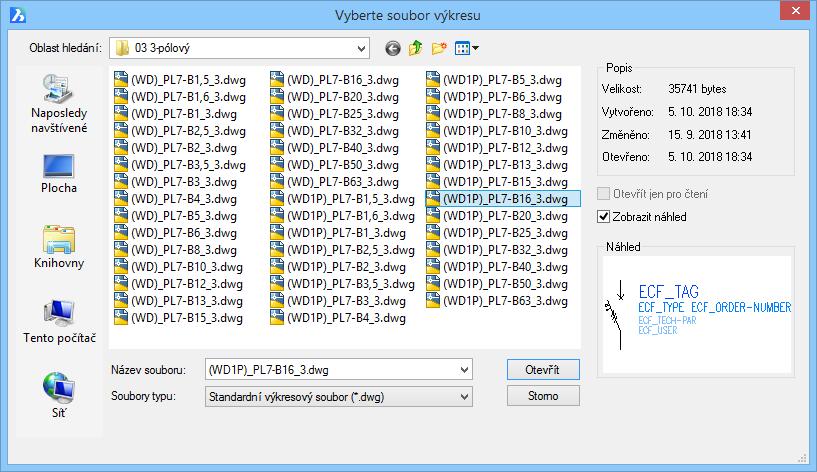 Vyberte výrobek, jehož schématickou značku chcete vložit (např. modulární jistič řada PL7 (Icn=10kA), char B, 3-pólový, 16A) Názvy souborů začínající (WD)_... jsou určeny pro vícepólové kreslení.