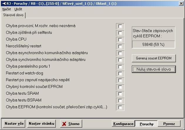 2.7.2 Poruchy Na stránce Poruchy je k dispozici následující dialog: Běžnou konvencí zobrazení poplachů jsou zobrazeny jednotlivé složky poplachového stavového slova řídicí jednotky (orámovaný