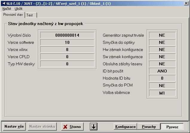 2.13.3 Provoz 2.13.3.1 Provozní stav SL8 V levém sloupci záložky jsou zobrazeny informace o verzích FW a HW a výrobní číslo jednotky. To je zobrazeno, pokud se zadá do projektu Dopisu.