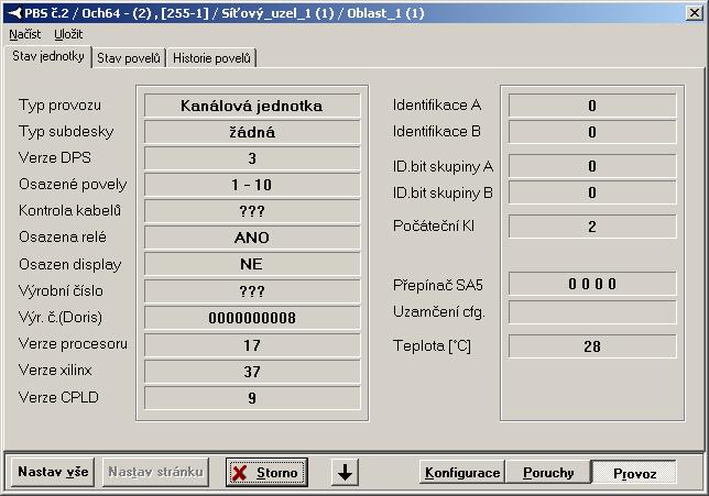 2.15.5 Provoz Na stránce Provoz je na jednotlivých kartách zobrazen aktuální stav jednotky, HW i SW konfigurace. 2.15.5.1 Stav jednotky Typ provozu Zobrazuje typ provozu jednotky (kanálová,