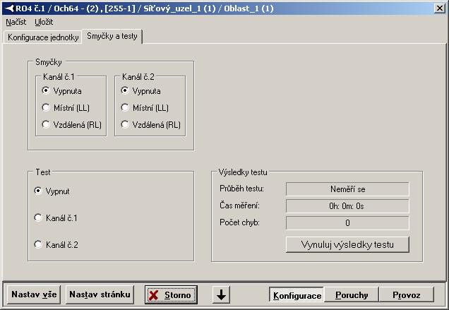 2.16.2 Smyčky a testy Smyčky Karta společná pro oba kanály. Umožňuje nastavit smyčky a spustit test. Místní smyčka (LL ) vrací data přes digitální obvody jednotky zpět do PCM.