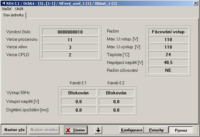 2.16.4 Provoz Karta provozní stav zobrazuje informace o verzích FW vybavení a výrobní číslo jednotky. Konfiguraci HW propojek na desce ukazují okénka Režim, Max. U.vstup, Max. U.výstup, a Režim oživování.