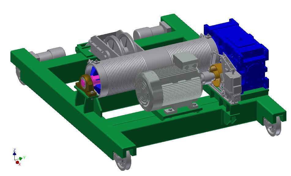 NÁVRH KOMPONENT POHONU ZDVIHOVÉHO MECHANISMU 4.6 NÁHLED NA SESTAVU ZDVIHOVÉHO MECHANISMU Obr. 14 Výsledné rozmístění komponent pohonu 5 PEVNOSTNÍ KONTROLA LANOVÉHO BUBNU 5.