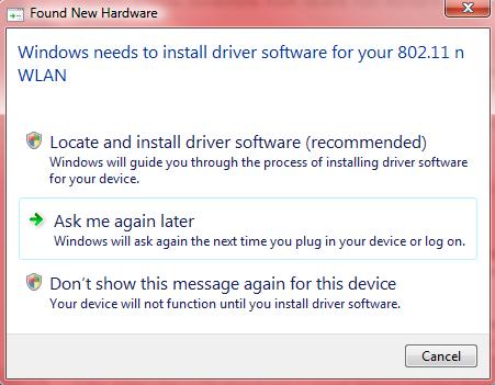 2. Pokud průvodce rozponáním nového hardwaru ukáže okno jako je to níže, stiskněte Cancel nebo Zavřít. 3. Vložte přiložené CD do CD mechaniky vašeho počítače. 4. Uživatelům Windows se spustí průvodce.