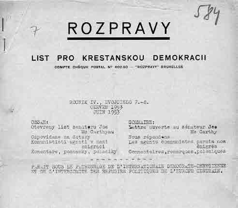 Úvodní strana IV. ročníku, dvojčísla 7-8, exilového časopisu Rozpravy z června 1953 Zdroj: osobní archiv Jana Cholínského kolem výrazných časopis.