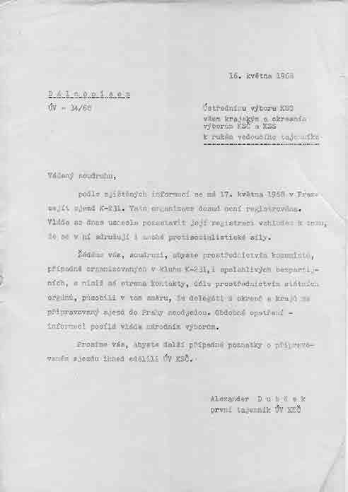 2 0 Dálnopis prvního tajemníka ÚV KSČ Alexandra Dubčeka k ohlášenému sjezdu
