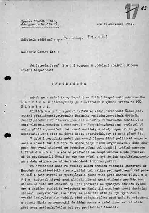 Návrh vázání ke spolupráci odsouzeného Oldřicha Lauříma