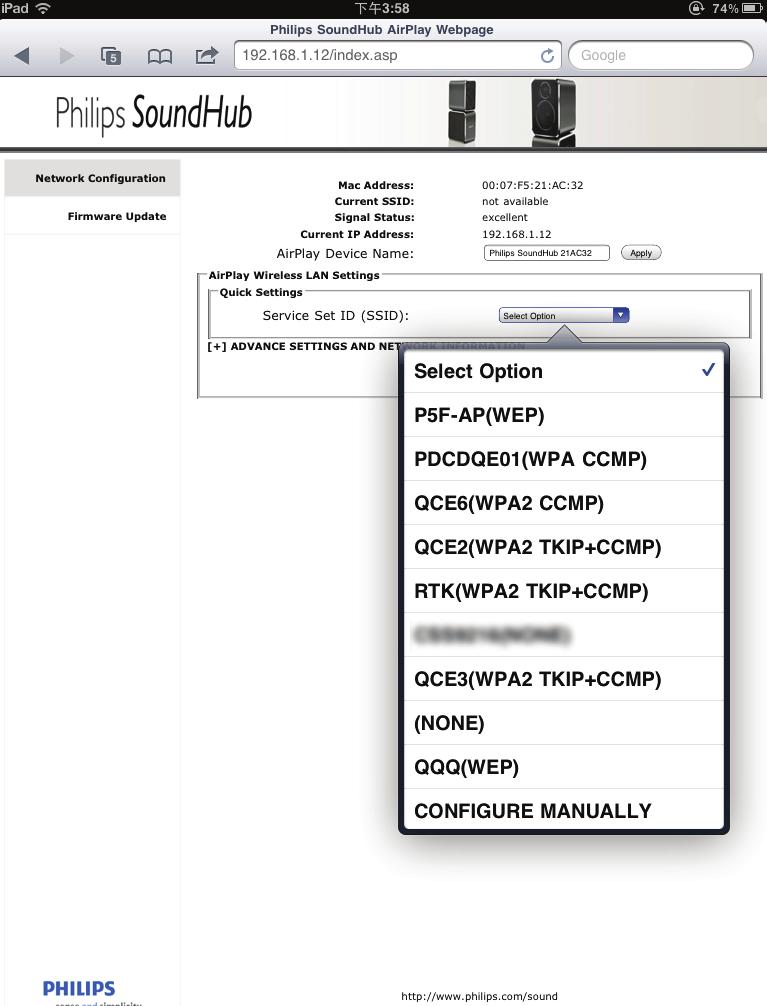 Čeština Network Configuration 8 V rozbalovacím seznamu Service Set ID