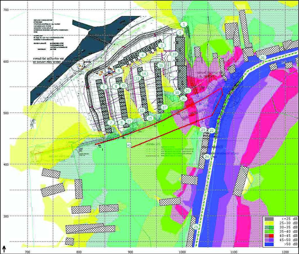 Obr. 13: Hluková mapa tramvajová doprava na pozemních komunikacích ulice Obanská hladiny ve výšce 3 m nad