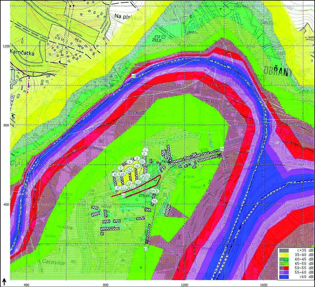 Obr. 15: Hluková mapa - doprava na dráze hladiny ve výšce 3 m nad terénem 2017