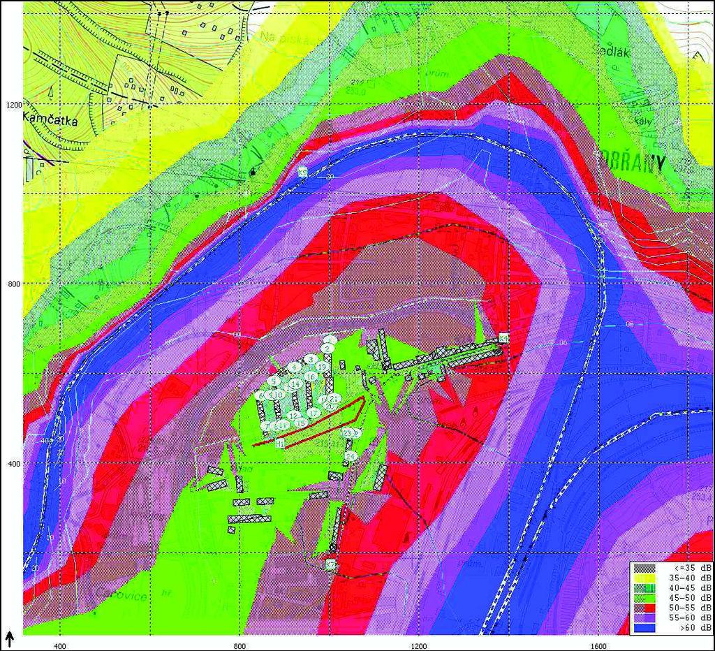 Obr. 17: Hluková mapa - doprava na dráze hladiny ve výšce 3 m nad terénem