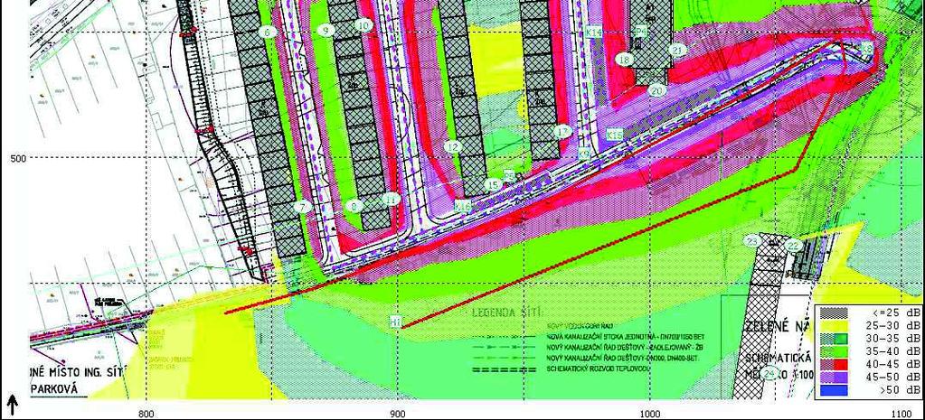 Obr. 20: Hluková mapa doprava obytného komplexu hladiny ve výšce 3 m nad terénem
