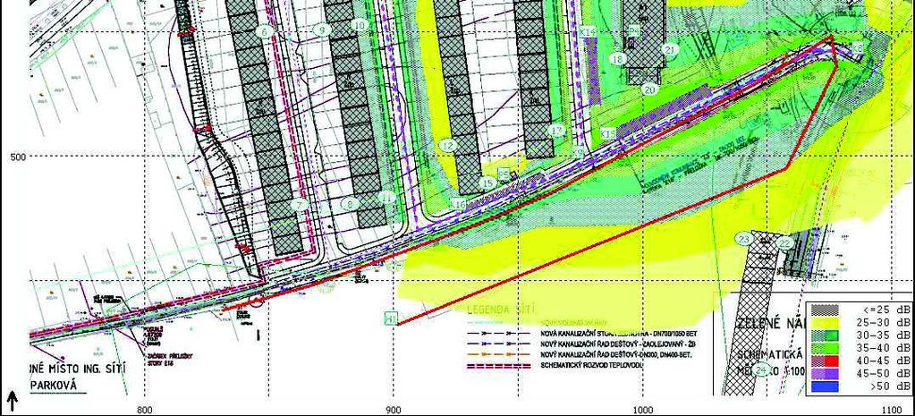 Obr. 21: Hluková mapa doprava obytného komplexu hladiny ve výšce 3 m nad terénem