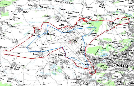 Legenda k mapce: červená čára = hranice ochranného hlukového pásma (OHP) a zóny A; modrá čára = hranice zóny B. C.III.