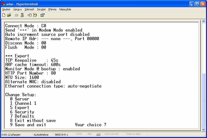 2. Konfigurační režim modulu UDS Připojte napájení k modulu UDS a současně stiskněte na cca 5sec klávesu x v okně hyperterminál.