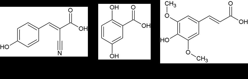 2,5-dihydroxybenzoová (DHB) a kyselina 3,5-dimethoxy-4-hydroxyskořicová (SA). Využívají se i různě derivatizované klasické matrice [57-61]. Obrázek 2: Klasické MALDI matrice.