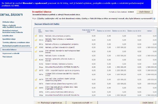 Investiční bilance Přes číselníky doplnit finanční bilanci akce Detail číselníku bilance Doplnit částku v Kč dle nápovědy v rámečku Nápověda: řádek 6011