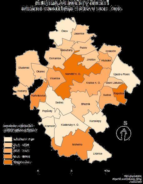 Mapa 2: Hustota zalidnění v obcích mikroregionů Většinu ploch katastrálních území těchto obcí zaujímají plochy mimo intravilán obce, zejména je to zemědělská půda a lesní pozemky.