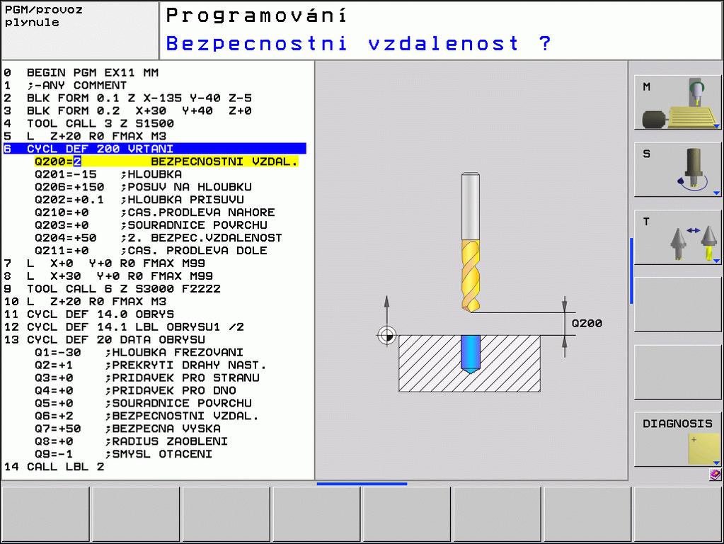 Definování cyklu pomocí softkláves U Lišta softtlačítek zobrazuje různé skupiny cyklů U Zvolte skupinu cyklů, například Vrtací cykly U Zvolte cyklus, např. FRÉZOVÁNÍ ZÁVITU.