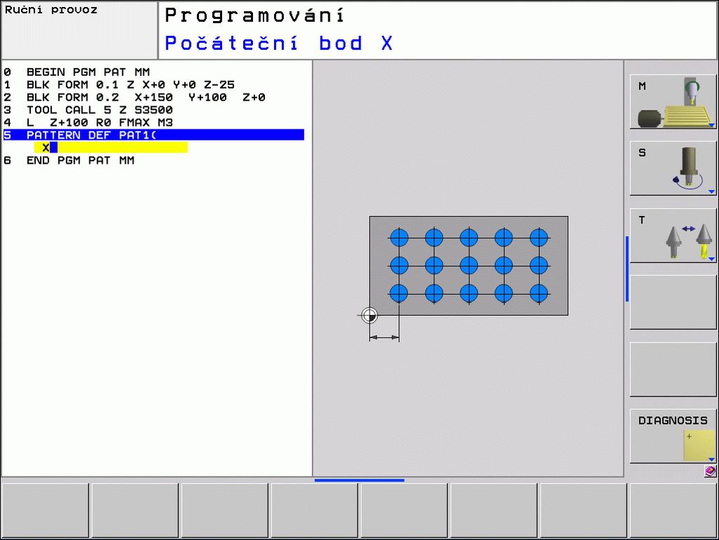 2.2 Definice vzoru PATTERN DEF Definování jednotlivého vzoru Definujete-li Povrch obrobku v Z různý od 0, tak působí tato hodnota navíc k povrchu obrobku Q203, který jste definovali v obráběcím cyklu.