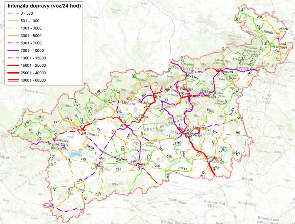 Mapa A.3.7.1: Intenzita silniční dopravy na území Ústeckého kraje k 1. 7.