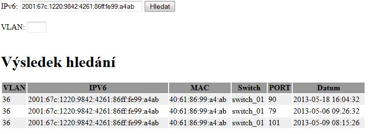 Hledání podle IPv6 adresy: Předpokládaný výsledek hledání na základě znalosti testovacích dat: MAC: 40:61:86:99:a4:ab Port 79, 90, 101 Výstup systému při vyhledávání dle IPv6: Výsledek hledání