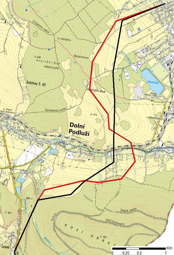 varianta původní pro oznámení varianta nová po konzultacích s obcí Dolní Podluží a CHKO Výřez topografické mapy se