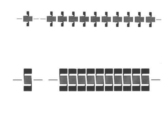 Obr. 5. Tenzometrický kříž [8] Obr. 6. Tenzometrické růžice [8] Obr. 7. Tenzometrické řetězce [8] Podle [4] musí mít tenzometry určité vlastnosti, aby měření bylo co nejpřesnější.