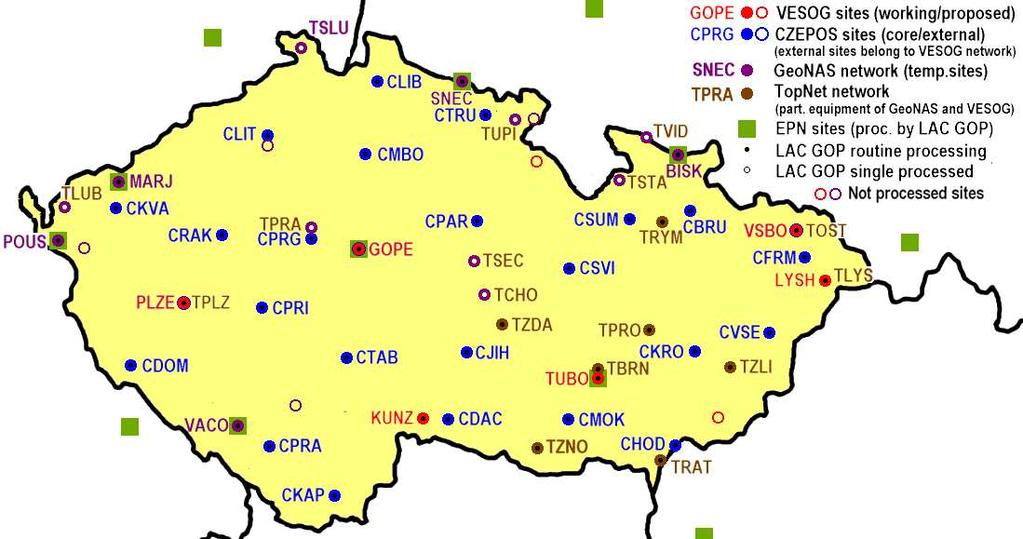 Obr.3: Stanice zpracovávané v procesu CZECH Nové zpracování procesu CZECH Proces CZECH je zpracován zpětně do GPS týdne 1316 (27.3.2005).