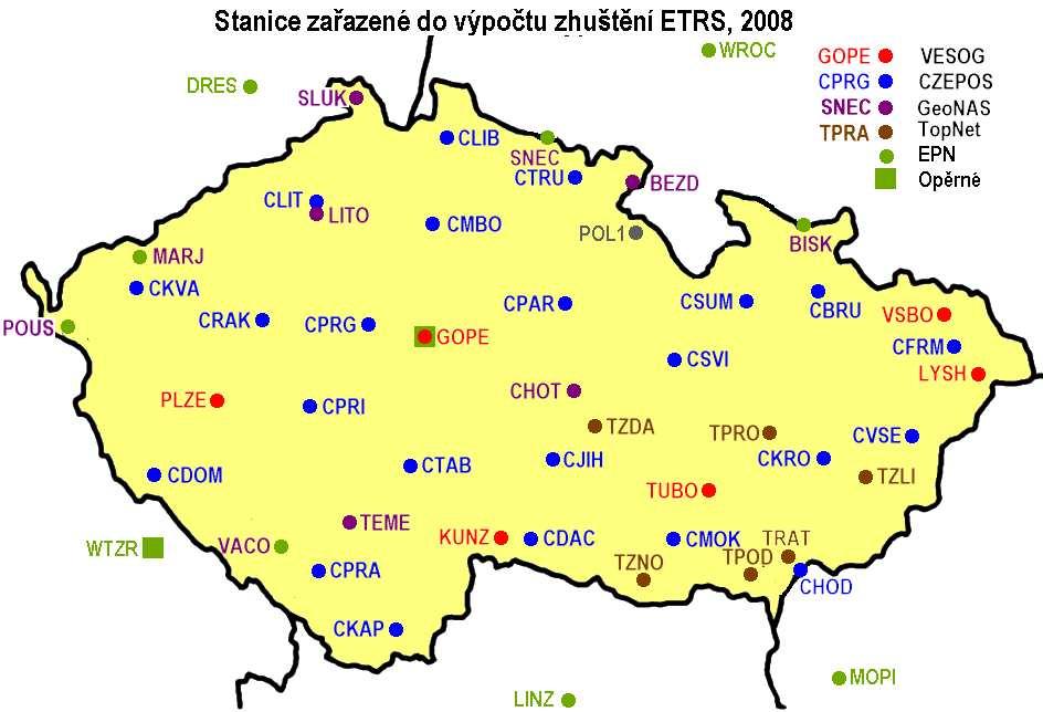 Obr.7: Stanice zařazené do sítě pro určení souřadnic permanetních stanic v referenčním systému ETRF2000(R05).